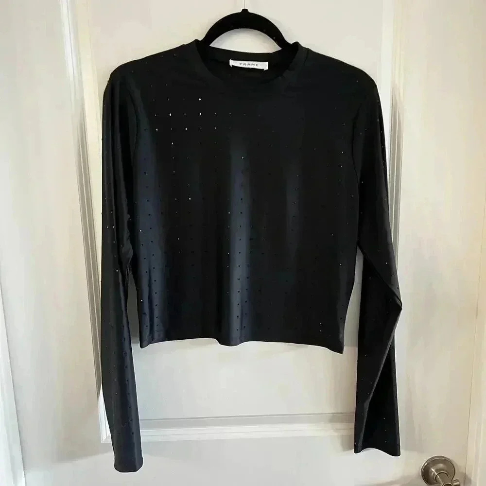 FRAME Women's Cropped Long Sleeve Rhinestone Top Size Small Color Black - Picture 4 of 8